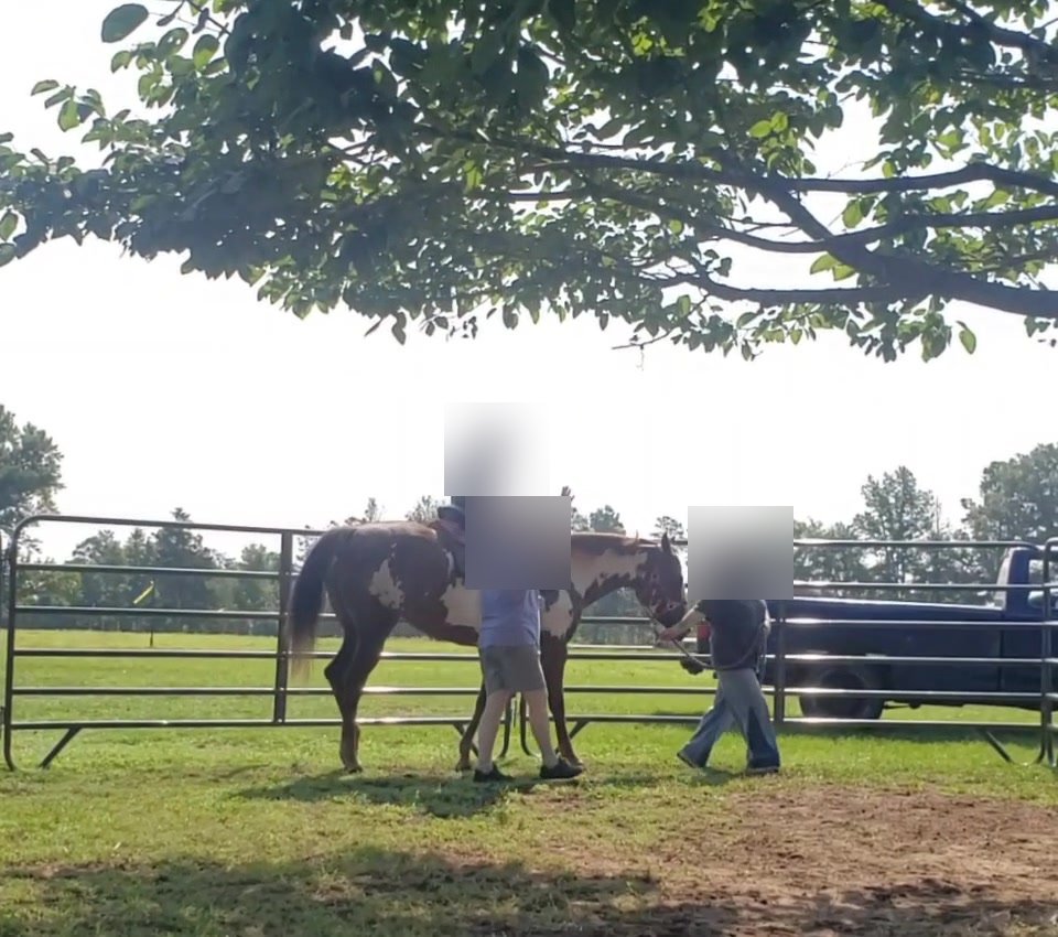 Equine therapy session at SWAT Church — boy on Hope with mother leading (identities protected)